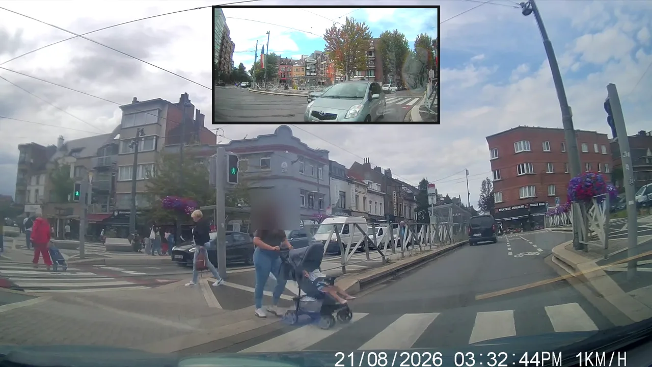 Vue dashcam d'une rue belge, extraite d'une séquence de perception des risques